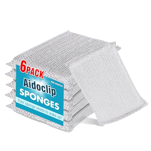 Image of 6 Pack Kitchen Scrubbing Sponges for Cleaning, Washable Dish Sponges, Reusable Non Scratch Scrubbing Pads, Sink Steel Wool Dishcloth, Wire Scouring Sponge for Cookware, Pots and Pans