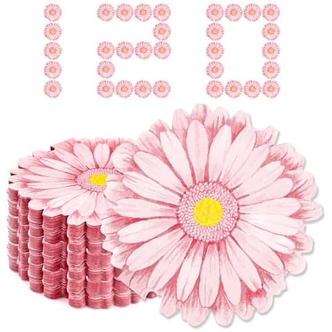 120 Pcs Pink Floral Napkins Flower Shaped Cocktail Napkins Disposable Paper Napkins for Spring Birthday Baby Shower Wedding Holiday Party (Daisy) Cover