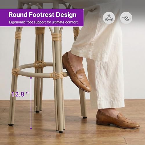 Image of PURPLE LEAF Outdoor Round Bar Height Stool Set of 2 Patio Backless Barstools Aluminum Frame in Champagne Finish with Amber & White Woven Rattan for Indoor Kitchen Dining Bistros Cafe Restaurant
