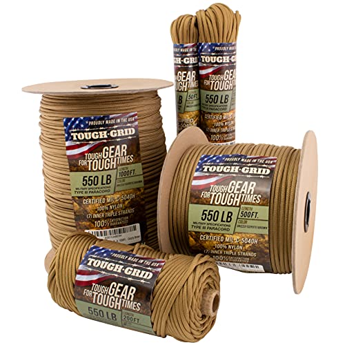 TOUGH-GRID 550lb Grizzly (Coyote) Brown Paracord/Parachute Cord - 100% Nylon Mil-Spec Type III Paracord Used by The US Military, Great for Bracelets and Lanyards, 200Ft. - Grizzly Brown