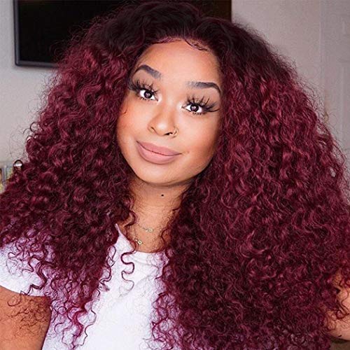 Ombre Dark Red Curly Weave Human Hair 4 Bundles 99J Brazilian Curly Hair 100g/Bundles Burgundy Kinky Curly Human Hair Extensions for Black Women (12"14"16"18")