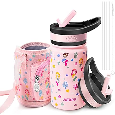 AEXPF Insulated Kids Water Bottle, 14 oz Double Wall Vacuum Stainless Steel Leakproof Thermos Water Bottle with 2 Straw Lids, Reusable Mermaid Pattern Kids Cup for Travel Sports Camping Cover