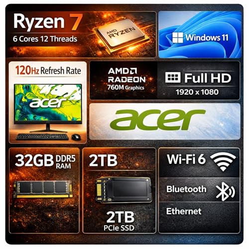 Image of acer Aspire 27 inch All-in-One Desktop Computer • 8-core AMD Ryzen 7 5825U • 32GB RAM • 2TB SSD • Office 365 for The Web • HDMI + DisplayPort, Wi-Fi 6E • Wireless Keyboard & Mouse • Windows 11