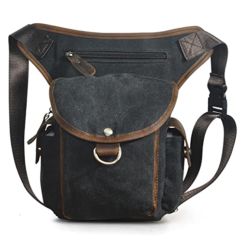 Le'aokuu Men Canvas and Genuine Leather Messenger Waterproof Shoulder Bag Motorcycle Tactic Fanny Belt Waist Bag Pack Pouch Drop Leg Bag 9938 (Black)