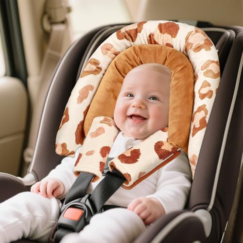Image of GFU Baby Car Seat Head Support for Newborn, 2 in 1 Infant Car Seat Head Body Support with Strap Pads, Soft Stroller Cushion Pillow Insert for Girls, Fits for Stroller, Swing, Brown