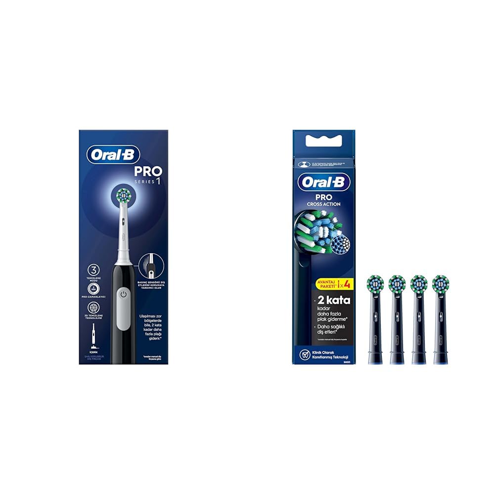 Oral-B Pro Serisi 1 Siyah Elektrikli Diş Fırçası, 1 Diş Fırçası Başlığı, Braun Tasarımı + Oral-B Cross Action X-Filament Siyah Şarjlı Diş Fırçası Yedek Başlığı 4 Adet
