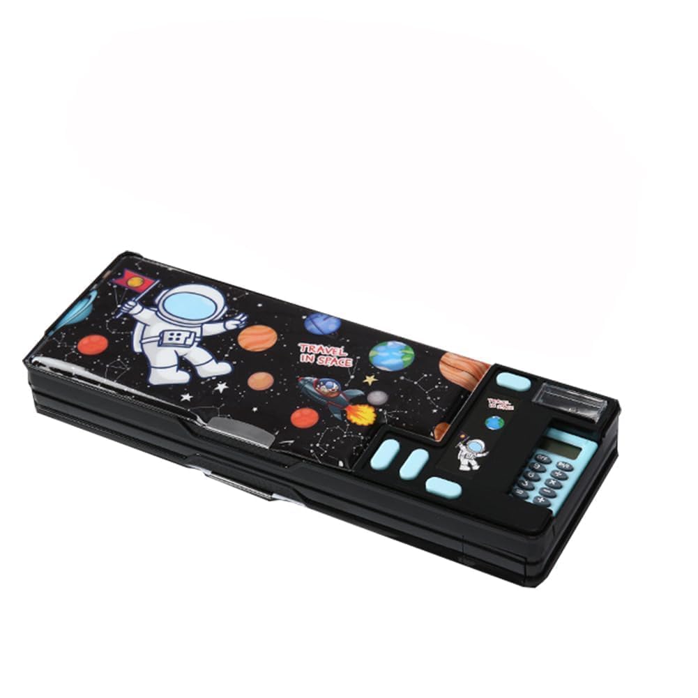 OBABO [Upgrade] Pop Up Multifunction Pencil Case for Kids, with Calculator Sharpener Cute School Supplies Multifunction Stationery Organizer Space Gift for Kids Teens (Black)