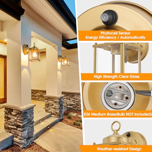 Image of MATAMEYE Dusk to Dawn Sensor Outdoor Wall Sconce, Exterior Waterproof Porch Wall Mount Lanterns, Gold Front Door Lights with Beveled Glass, 2 Pack