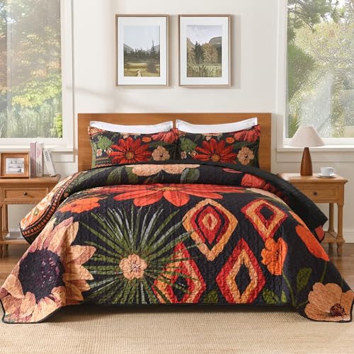 Image of Andency Floral Boho Quilt Super King Plus Size Bedding Set Black, 3 Pieces Farmhouse Flower Botanical Summer Bedspreads with 2 Shams, Soft Reversible Polyester Coverlet Set for All Season, 128 inchx120 inch