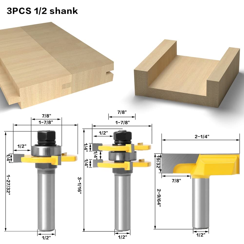 Frez do obróbki drewna Wood Top, 3 sztuk 12MM 1/2 cala Shank język rowek wspólne montaż frezy 3/4 "zapas t-slot czop frez frezowanie do obróbki drewna drewna(3PCS 12.7mm shank)