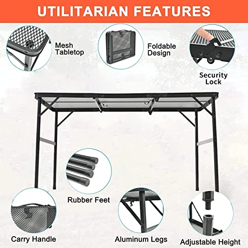 Migosen Camping Table, Folding Grill Table With Mesh Desktop, Adjustable Height Collapsible Table, 3-Fold Portable Outdoor Table With Carry Handlefor Picnic, Camping, Bbq (47.2" L X 23.6" W X 26" H) #TOP3
