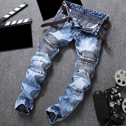 Men's Biker Zipper Deco Washed Jean Straight Fit Slim Biker Pants Classic Slim fit Jean,Moto Washed2