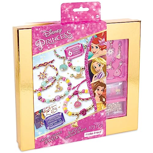Make It Real Disney Princess Crystal Dreams Jewelry Kit - DIY Bead & Charm Bracelet Set with Swarovski Crystals Includes Supplies & Exclusive Princess Book - Create 6 Bracelets Ages 8