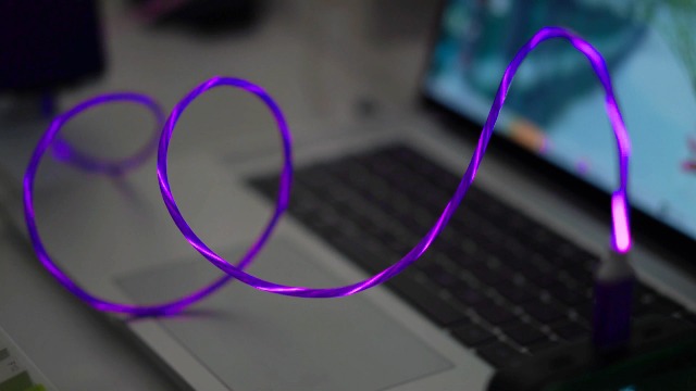 Image of USB A to USB C Cable with Purple LED Light Strip, Suitable for Almost All Tyoe-C Devices, Supports Fast Charging, Data Transfer, Night Vision Illumination, Portable 39 inches.