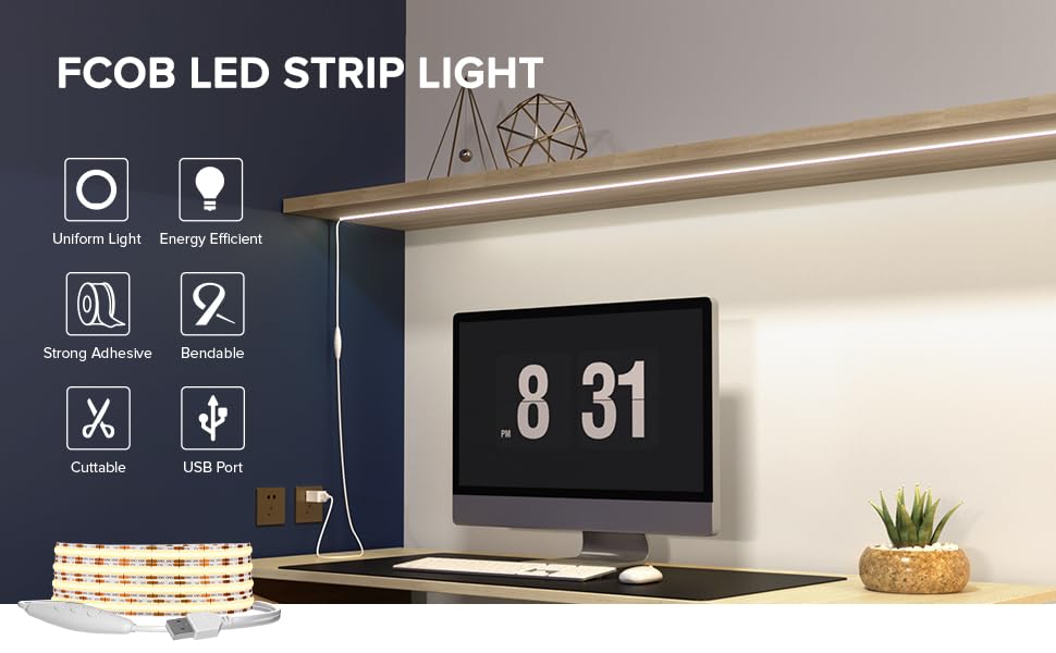 Image of USB LED Light Strip 6.56FT, 5 Volt USB Powered Dimmable COB LED Tape Lights, 4000K Natural White 8mm High Density Flexible Strips CRI90+ for TV Backlight Under Cabinet Lighting Bedroom Kitchen