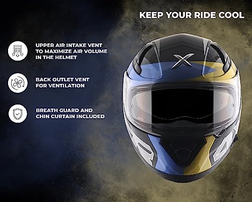 Image of Axor Apex Chromtech ISI ECE DOT Certified Full Face Helmet for Men with Dual Visor-- Black Blue, Size:M(57-58 cm)