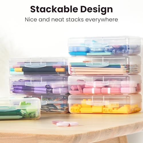 Image of Sooez Plastic Pencil Case Box 6 Pack, Large Crayon Maker Pen Organizer | Large Storage Containers with Snap Lid, Stackable Marker Craft Art Supply Storage Organizer, Pen Case for School Supplis,Blue