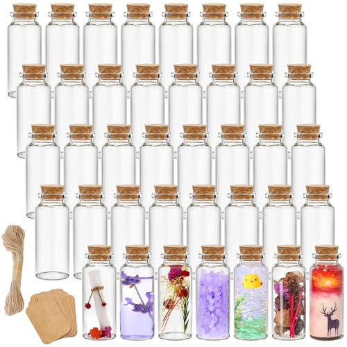 Kingrol Lot de 70 bouteilles en verre avec bouchon en liège de 30 ml avec étiquettes personnalisées et ficelle, mini bouteilles pour loisirs créatifs,...