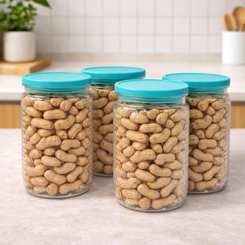 Image of Set of 4 Transparent Airtight Storage Jars with Textured Bubble Design & Leak-Proof Lids | Multi-Purpose Kitchen Containers for Dry Fruits, Snacks, Spices & Cereals