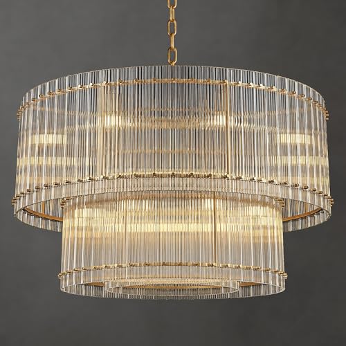 Image of 48-Inch Ripple Glass Chandelier, 3-Tier 20-Light Large Brass Round Chandelier for Dining Rooms, Living Rooms, Foyers, Staircases, Open-Concept Spaces & High Ceilings