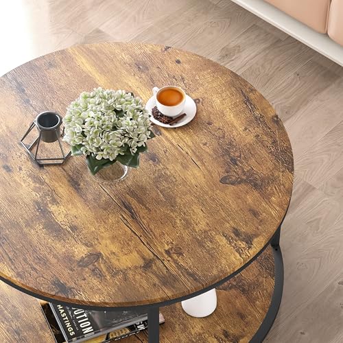 Image of NSdirect Round Coffee Table, 27.6 inch Small Coffee Table for Living Room,2-Tier Rustic Wood Desktop with Storage Shelf Modern Design Home Furniture(Brown)
