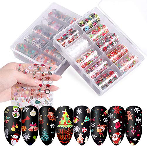 DAGEDA 2 Box of 20 Rolls Nail Art Stickers Nail Transfer Foil Wraps-Nail Art DIY Decoration Kit-Halloween Christmas Festival Nail Foil Sticker（Pumpkin, Bat, Spider,Snowman,Snowflake,Biscuit Man, Gift）