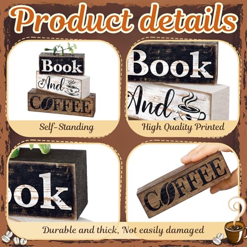 Image of Moucuny 4 Pcs Farmhouse Table Decor Rustic Wooden inchbook and Coffee inch Stacked Block Sign - Vintage Farmhouse Tiered Tray Decor with Coffee Cup & Bean Design, Perfect for Home Office Bookshelf Display