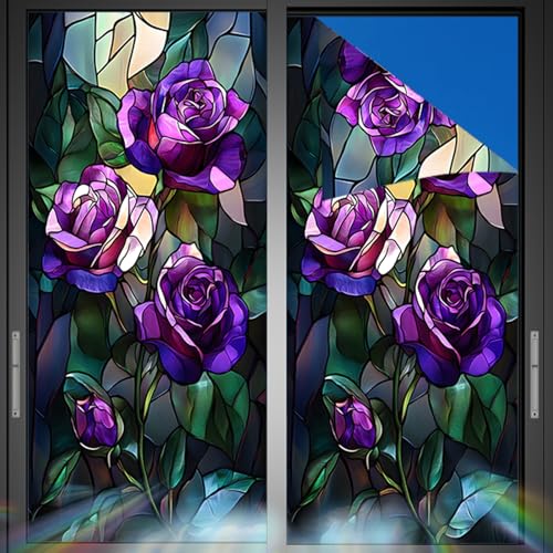 Image of Nuxovilar Frosted Stained Glass Purple Rose Window Film 17.7x39.4 PVC | Deep Purple, Gothic Cling rose flower sticker, privacy glass wrap for bedroom bathroom party room (Purple Rose)