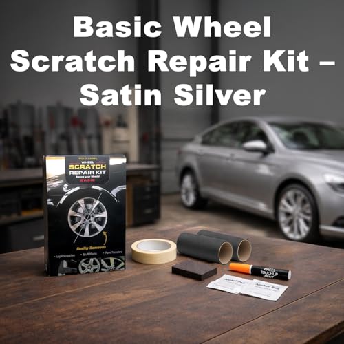 Image of Wheel Scratch Repair Kit | Satin Silver Rim Touch-Up Pen 30ml | Basic DIY Kit with Sanding Block, Alcohol Wipes, Masking Tape & Sandpapers | Restore Painted Alloy Wheels