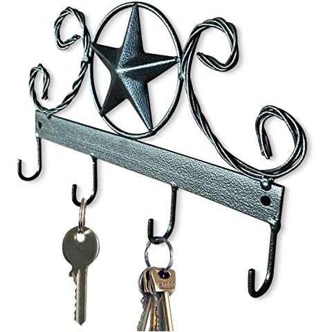 Black Texas Country Western Key Holder - Rustic Wall Décor Key Hanger for Home, Vintage Metal Key Hangers for Wall, Star Key Rack Hook Wall Holders, Multiple Hooks for Keys (Black) Cover