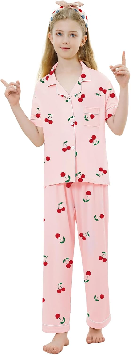 Umeyda Girls Pajamas Set Soft Short Sleeve Button-Down Sleepwea Nightwear 3Pjs Set Loungewear, 5-14 Years - Image 5