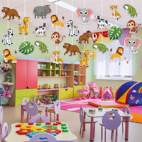 Image of 48Pcs Jungle Animal Cutouts Classroom Decor, Cute Safari Animals Cutouts Safari Party Decorations Animals Cardboard Paper Cutout for Theme Baby Shower Birthday Party Decor