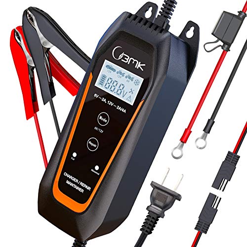 Battery Chargerï¼ŒBMK 2/4A Smart Portable Battery Maintainer with Detachable Alligator Rings Clips Fast Charging Trickle Charger for Boat Car Motorcycle Lawn Mower RV SUV