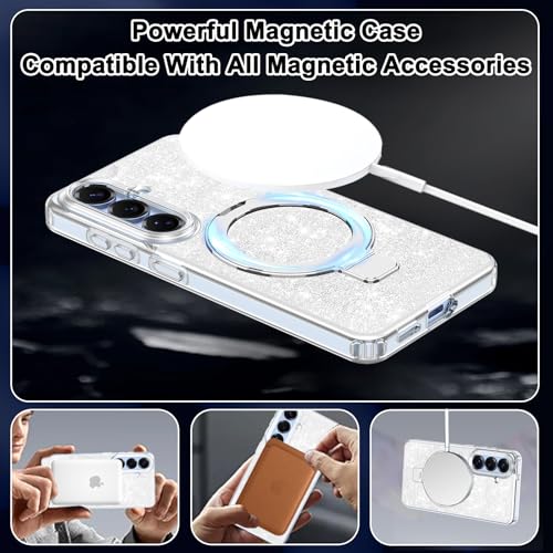 Shecaset Magnetic for Galaxy S26 Plus Case with Invisible Ring Stand[Compatible with MagSafe] Full Body Slim Women Girl Shockproof Marble Pattern Design Case for Samsung Galaxy S26 Plus,Glitter Clear - image 3