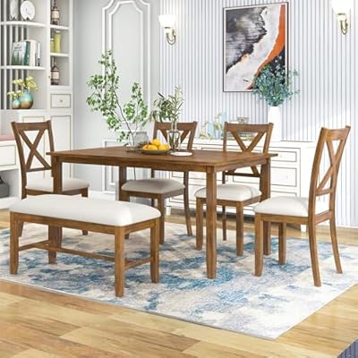 Lostcat Dining Table Set for 6, Wood Rectangular Dining Table and 4 Fabric Chairs & Bench, 6-Piece Kitchen Table Set for Dining Room and Living Room, Natural Cherry