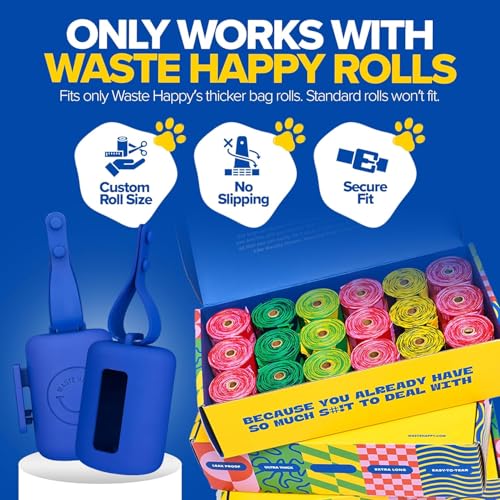 Image of Dog Poop Bag Dispenser with 15 14 inch Bags Capacity - Blue Silicone Dog Poop Bag Holder for Leash | Durable, Portable & Refillable Waste Bag Case | Only Fits Waste Happy bags