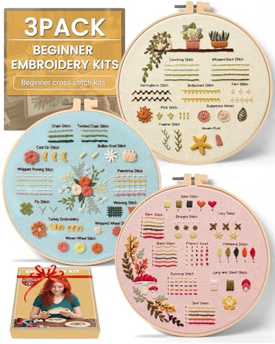 Beginner Embroidery Kit for Adults, 3 Pack with Pre-Printed Patterns, Learn Basic Stitches with Step-by-Step Video Tutorial, Needles & Tools Included, 7.8" Hoop, Floral Garden DIY Craft Gift