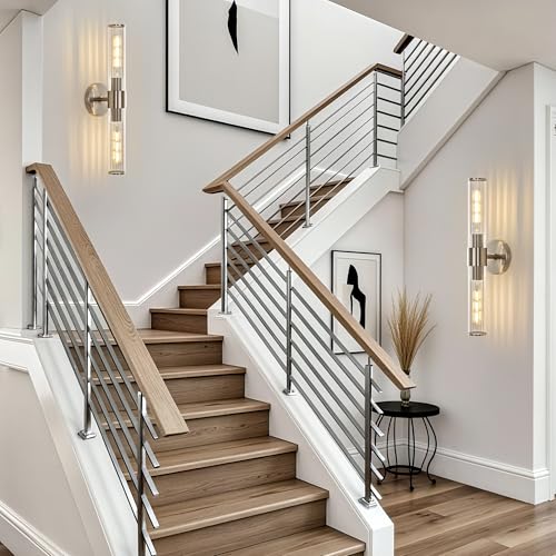 Image of Bathroom Vanity Light Fixtures, Nickel Wall Sconces in Threaded Glass, Modern Wall Light for Bathroom Living Room Bedroom, Hallway