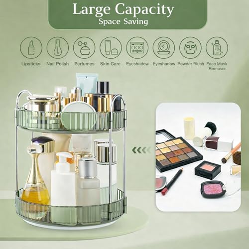 Image of JD FRESH 2 Tier Makeup Organizer 360 Rotating Cosmetic Storage Box Vanity Organizer Stand with Drawers for Lipstick Nail Polish Skincare Dressing Table Bathroom Organizer (Light Green)