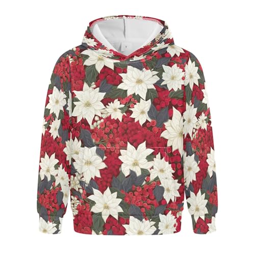 Kids Hoodies Sweaters Christmas Poinsettia Flower Hooded Sweatshirts with Big Pockets for Boys Girls B0400054