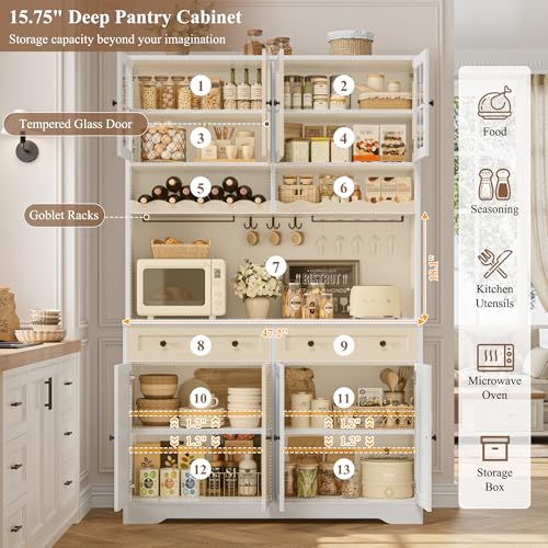 Image of HOSTACK 75.4 inch Tall Kitchen Pantry Cabinet with Charging Station, Modern White Kitchen Hutch with Microwave Stand and Wine Racks, Large Food Pantry Storage Cabinet with Glass Doors and Drawers, White
