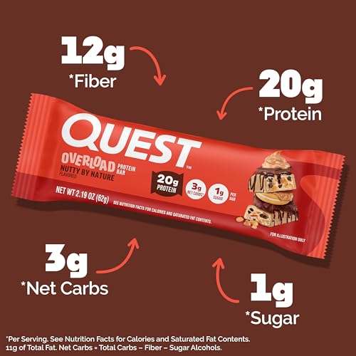 Quest Nutrition Overload Protein Bars, Nutty by Nature Flavored Protein Bars, 20g Protein, 1g Sugar, 3g Net Carbs, Gluten Free, 12 Count - Image 3