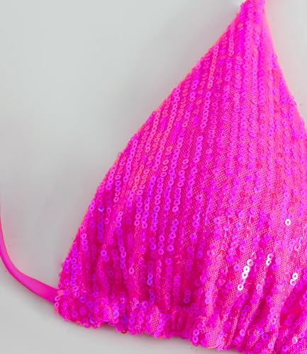Women's Shiny Triangle Bikini Set Sequin Halter String Backless Tie Side Two Piece Swimsuit Bathing Suit3