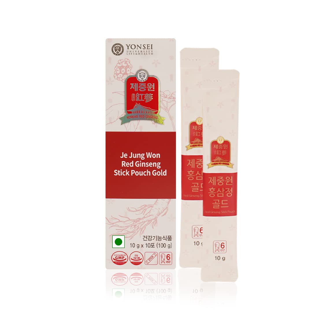 Yonsei University Life & Health Je Jung Won korean Red Ginseng Stick Pouch Gold Extract for Men & Women 10g × 10 Sachets 100g Helps in Energy, Stamina, Performance, Strength & Stress, Natural & Safe.