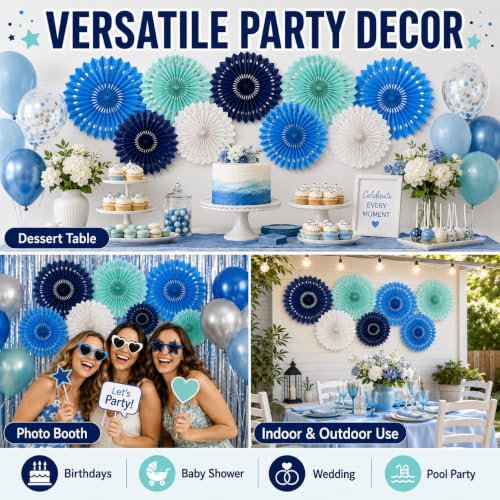 Image of Blue White Hanging Honeycomb Round Paper Fans Decoration Kit for Baby Boy Shower Birthday Navy Ocean Wedding Under The Sea Theme Photo Booth Backdrops Paper Party Supplies 11 Count