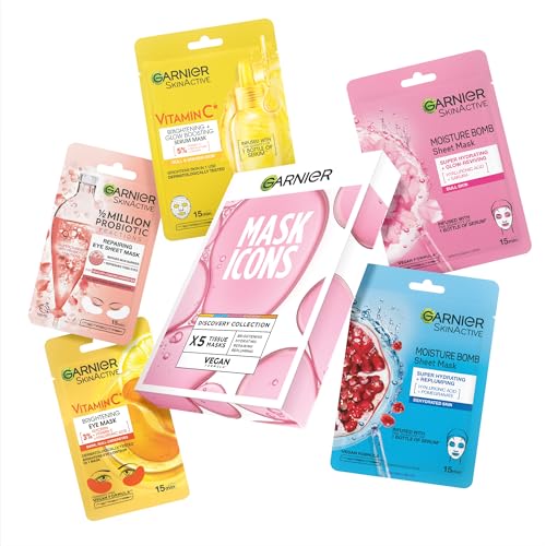Garnier Mask Icons Discovery Collection - Face & Eye Sheet Masks Set for Dehydrated Dull and Tired Skin includes Vitamin C* Hyaluronic Acid Niacinamide - Pack of 5 sheet Masks