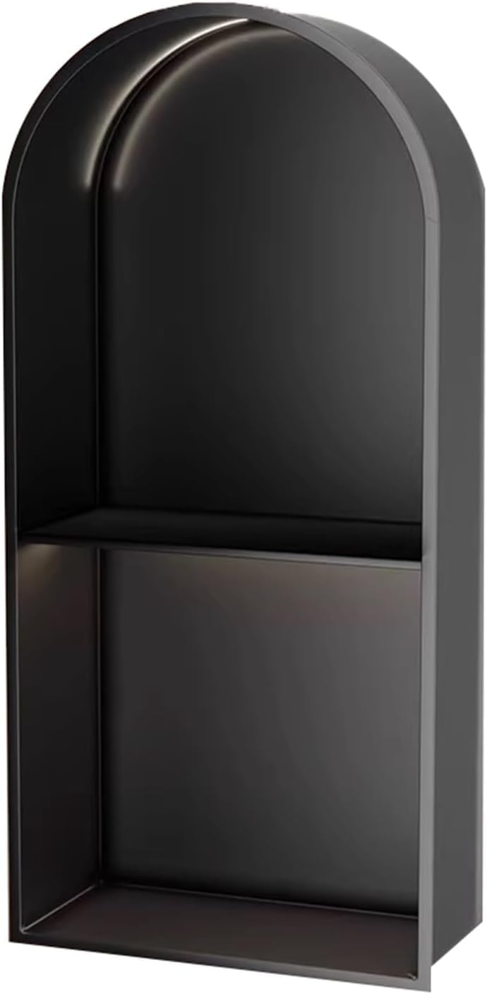 MYUYEE Stainless Steel Shower Niche No Tile Needed Arched Niche Double/Triple Layer Partition Recessed Arched Shower Shelf With Led (Black 62X28X15Cm)