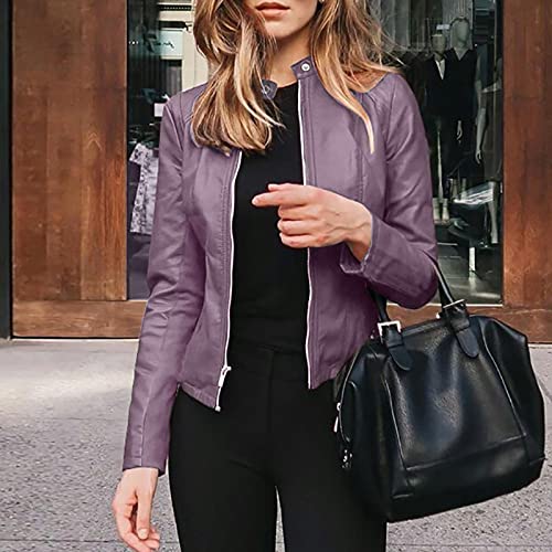 Muyise Black Hooded Leather Jacket Women Black Pu Leather Jacket Jacket Kulit Faux Leather Coat Women Long Cropped Suede Jacket Women Denim Jacket with Sweatshirt Sleeves Zip Ups(13-Purple,XX-Large)