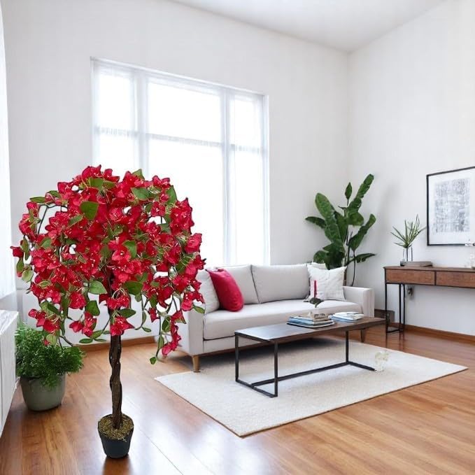 Image of Fox & Fern Bougainvillea Artificial Plant 120CM with Basic Pot | Elevate Any Corner of Your Home /Office | Ornamental Plant Best for Gifting, Party, Home Decor (GAJW3651) Tomato RED