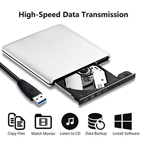 USB 3.0 External Blu-Ray DVD/BD/CD Drive, Portable Ultra-Thin 3D Blu-ray Player/Writer/Burner Used for The MacBook Pro Air, Apple Mac and So On Various Brand Computer Desktop, Laptop (Silver) - Thumbnail 2